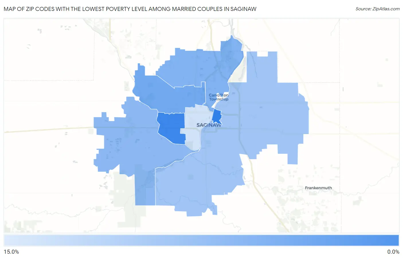 Zip Codes with the Lowest Poverty Level Among Married Couples in Saginaw Map