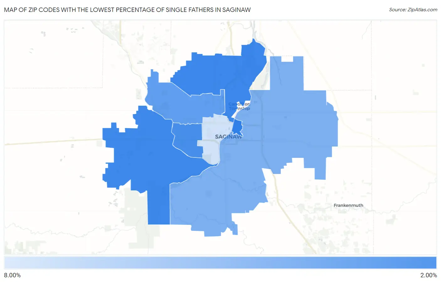 Zip Codes with the Lowest Percentage of Single Fathers in Saginaw Map