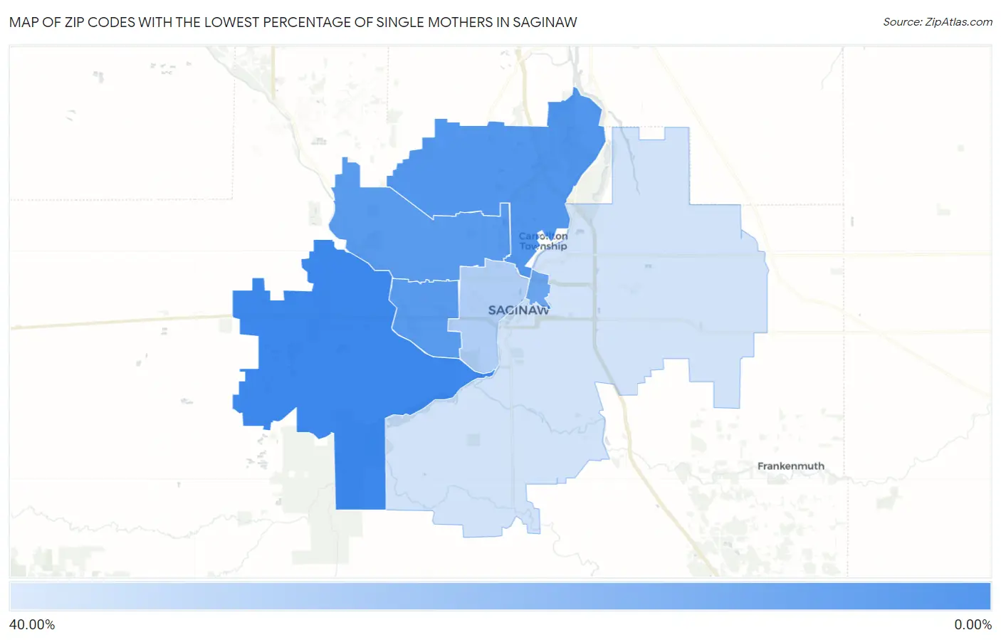Zip Codes with the Lowest Percentage of Single Mothers in Saginaw Map