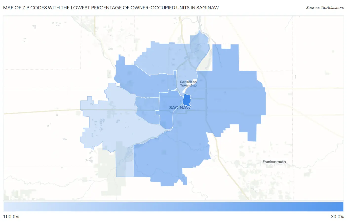 Zip Codes with the Lowest Percentage of Owner-Occupied Units in Saginaw Map