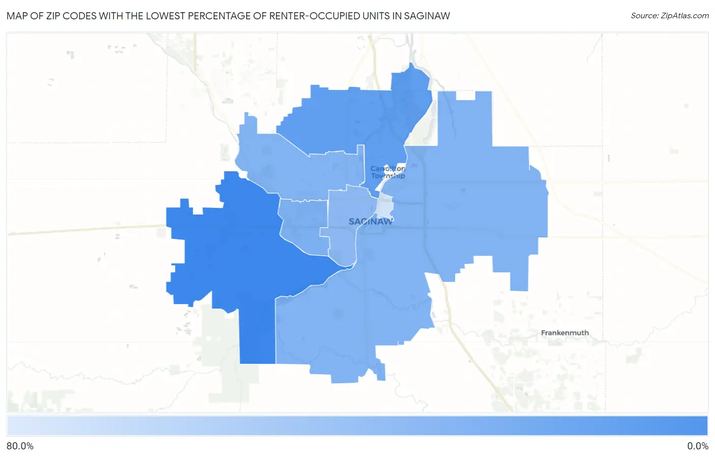 Zip Codes with the Lowest Percentage of Renter-Occupied Units in Saginaw Map