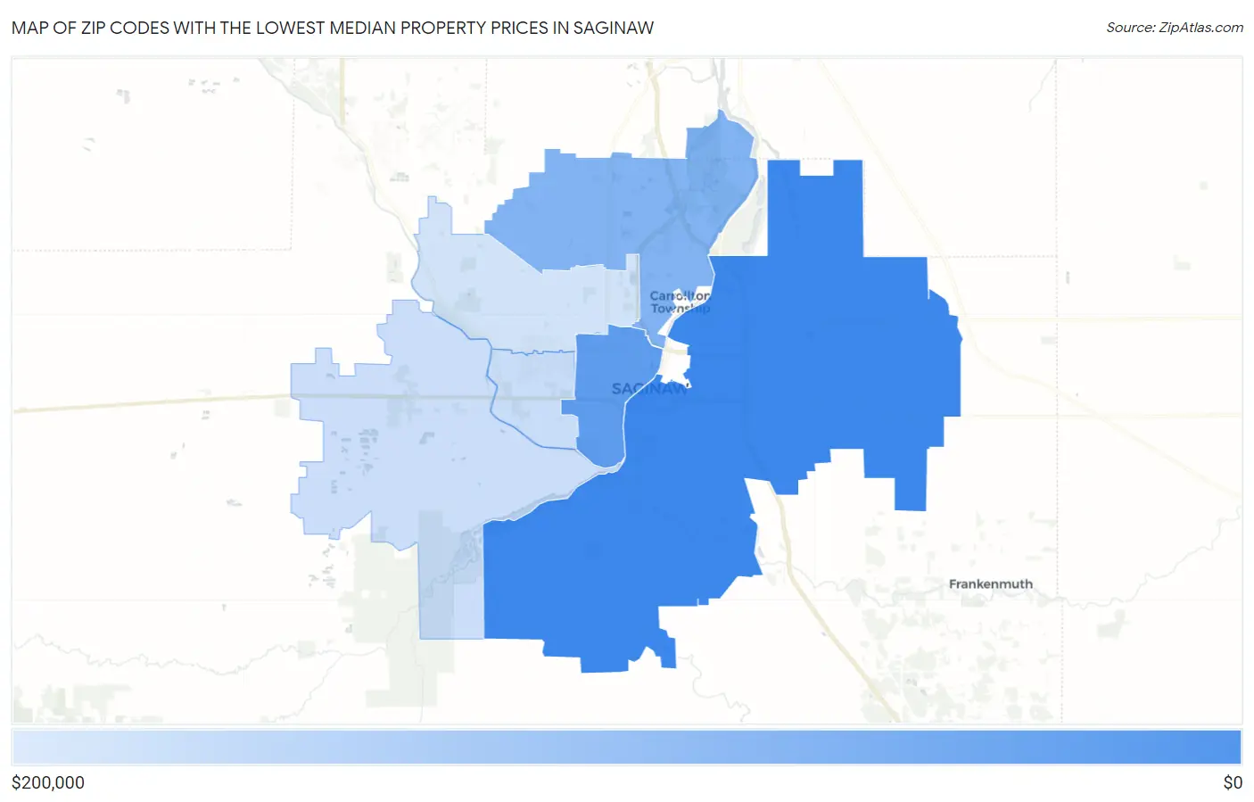 Zip Codes with the Lowest Median Property Prices in Saginaw Map