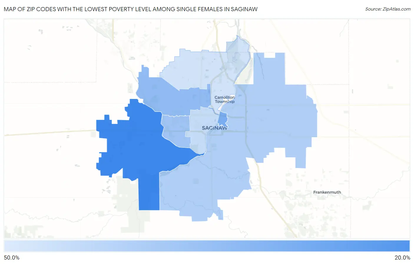 Zip Codes with the Lowest Poverty Level Among Single Females in Saginaw Map