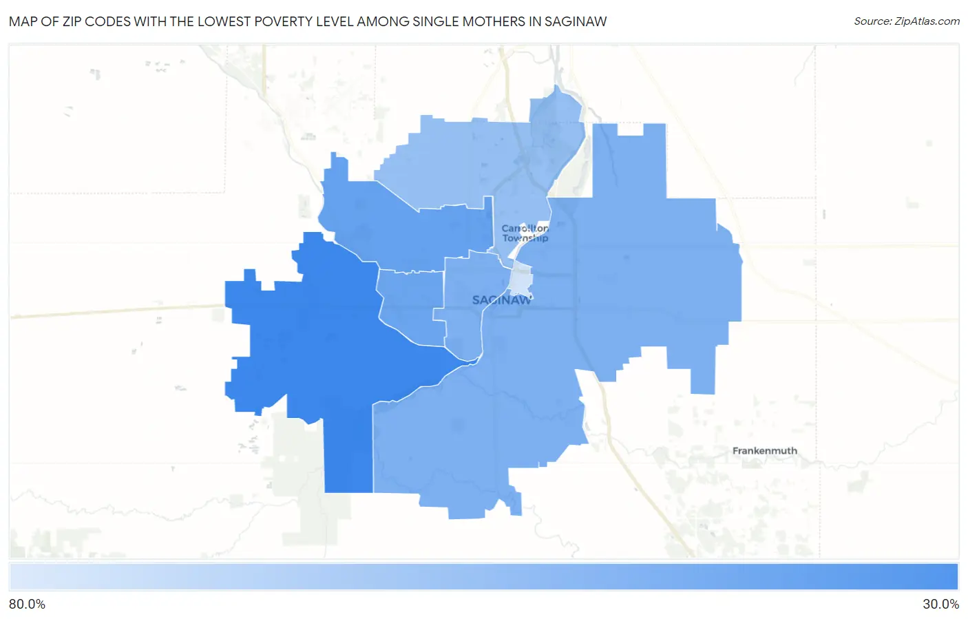 Zip Codes with the Lowest Poverty Level Among Single Mothers in Saginaw Map
