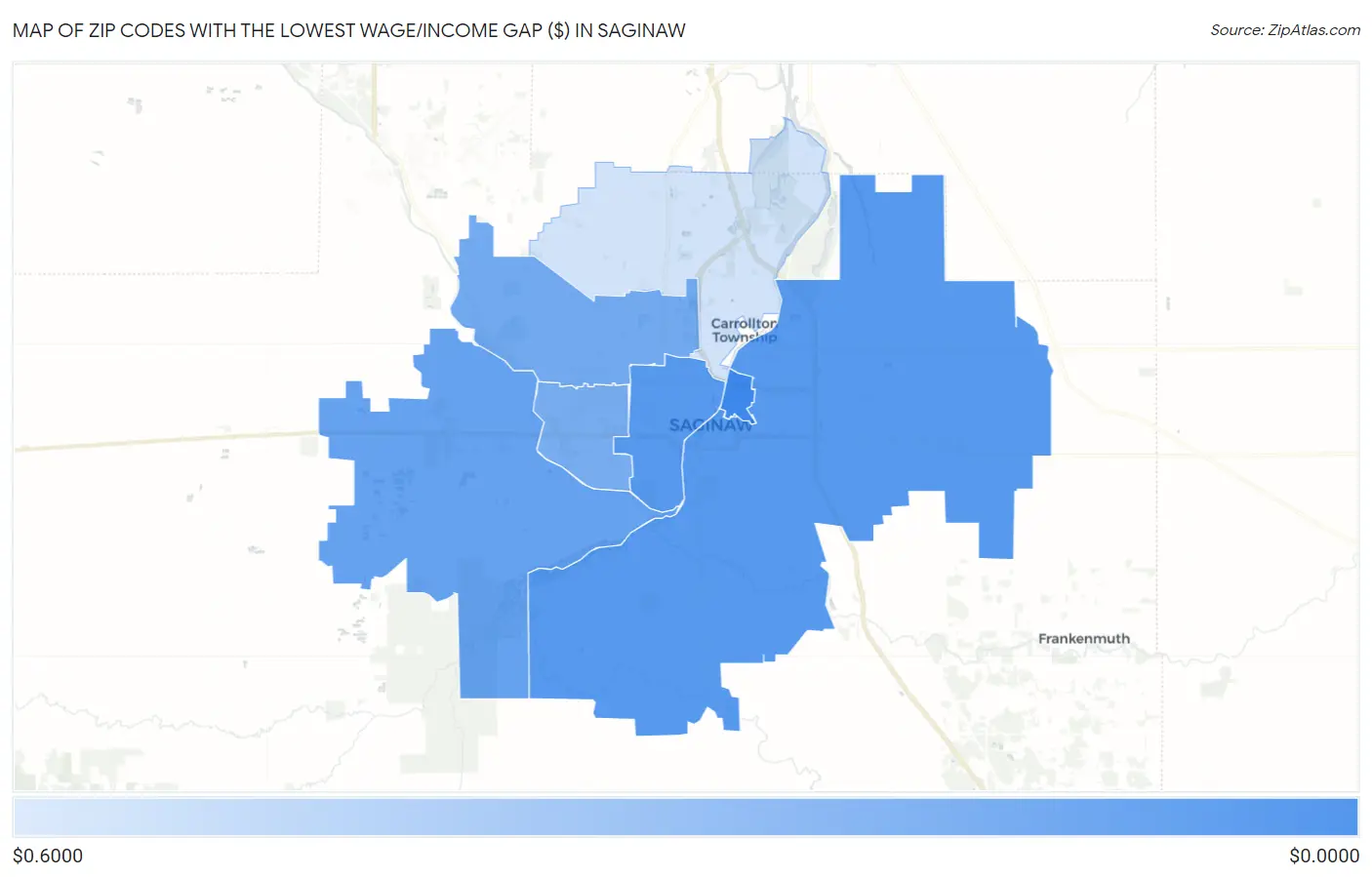 Zip Codes with the Lowest Wage/Income Gap ($) in Saginaw Map