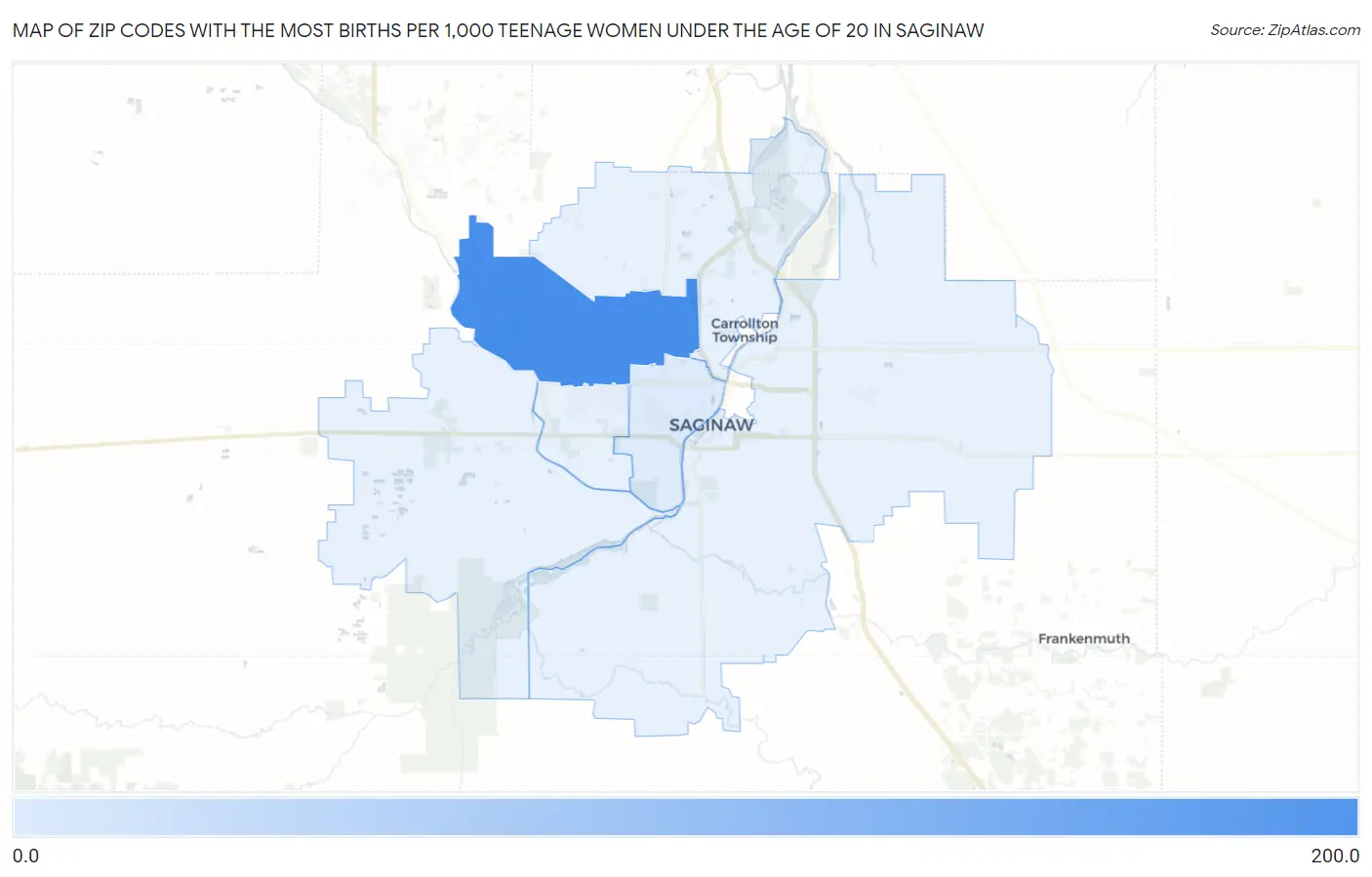 Zip Codes with the Most Births per 1,000 Teenage Women Under the Age of 20 in Saginaw Map