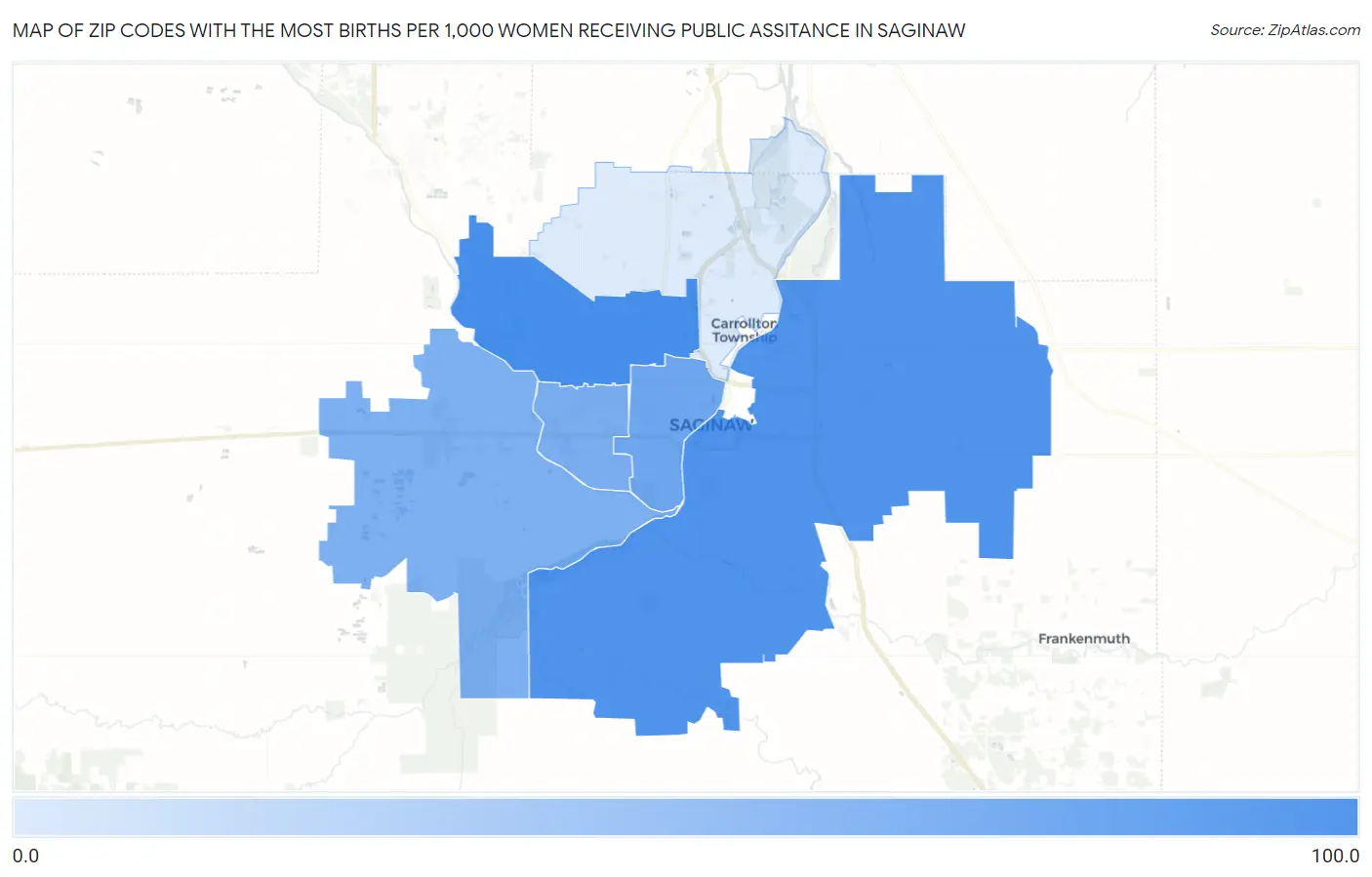 Zip Codes with the Most Births per 1,000 Women Receiving Public Assitance in Saginaw Map