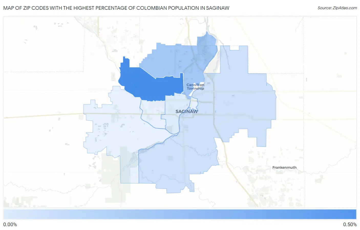 Zip Codes with the Highest Percentage of Colombian Population in Saginaw Map