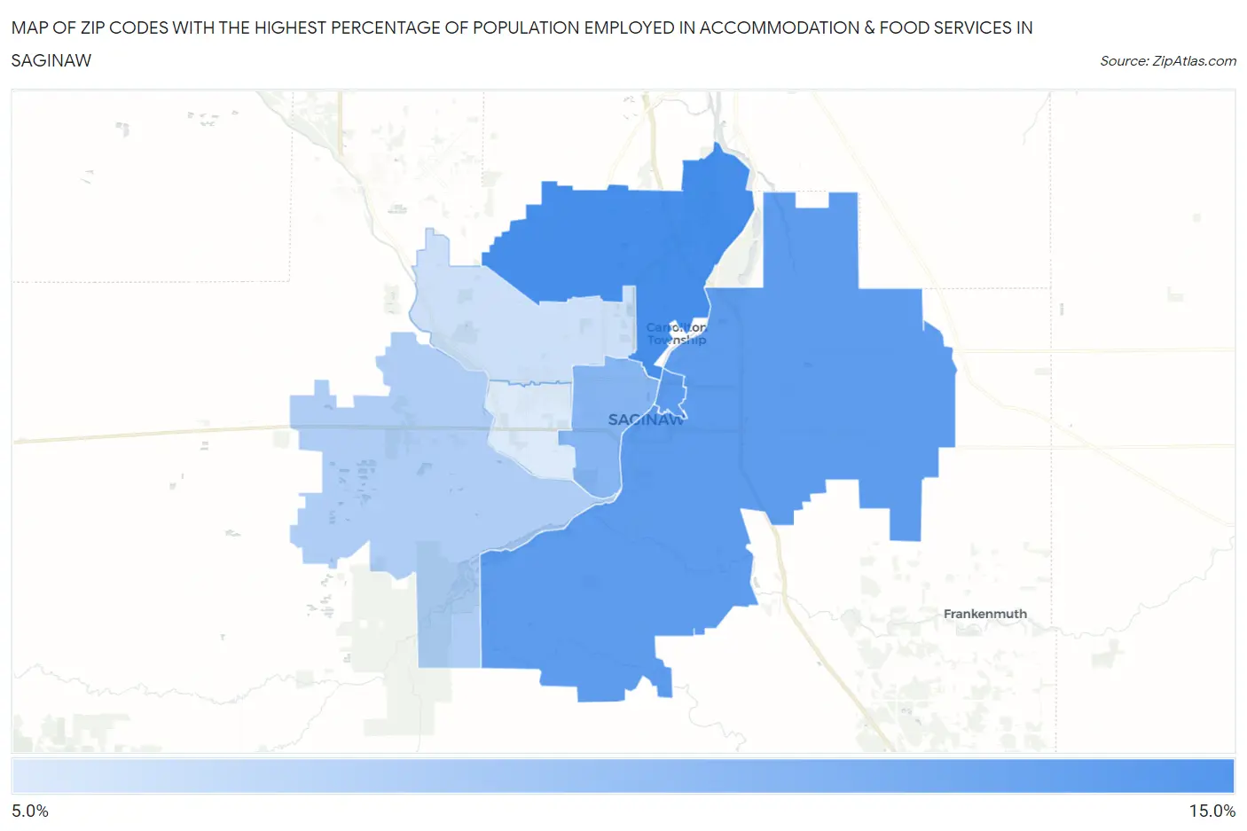 Zip Codes with the Highest Percentage of Population Employed in Accommodation & Food Services in Saginaw Map