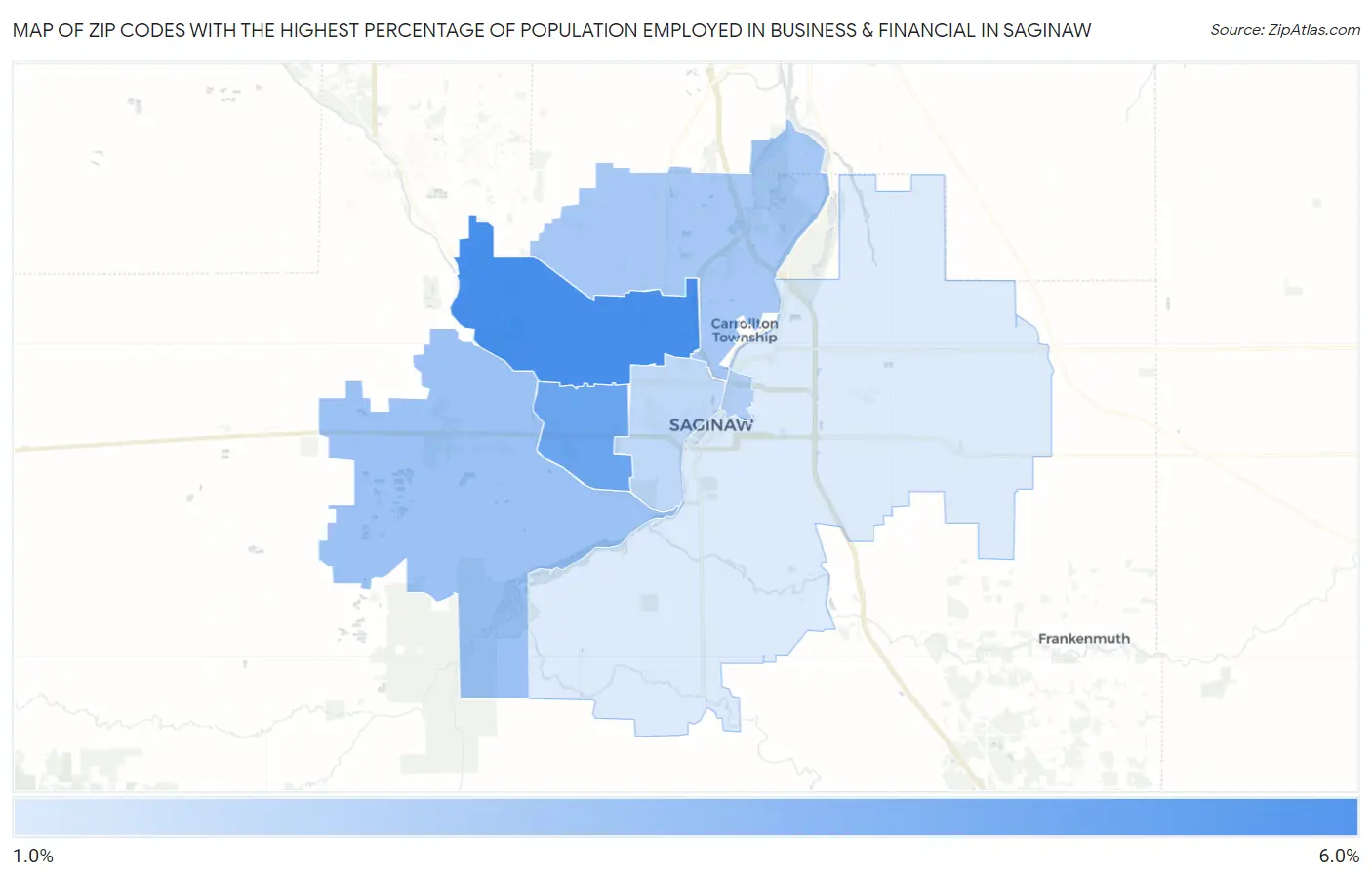 Zip Codes with the Highest Percentage of Population Employed in Business & Financial in Saginaw Map