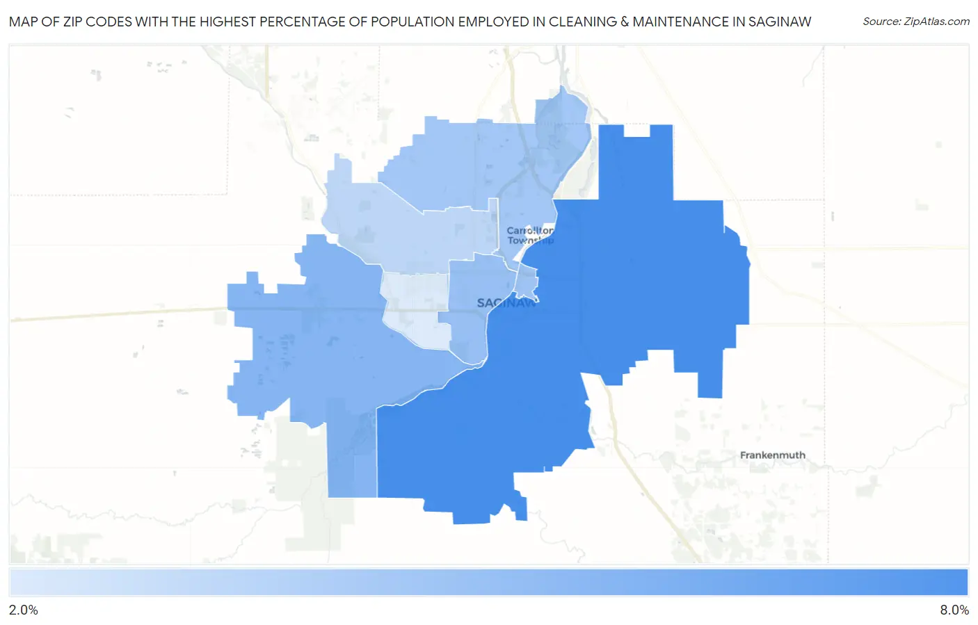 Zip Codes with the Highest Percentage of Population Employed in Cleaning & Maintenance in Saginaw Map