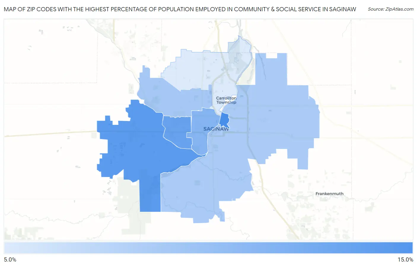 Zip Codes with the Highest Percentage of Population Employed in Community & Social Service  in Saginaw Map