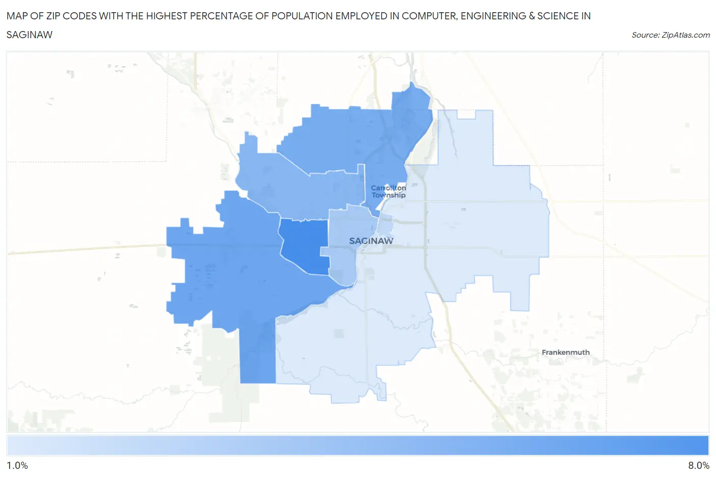 Zip Codes with the Highest Percentage of Population Employed in Computer, Engineering & Science in Saginaw Map