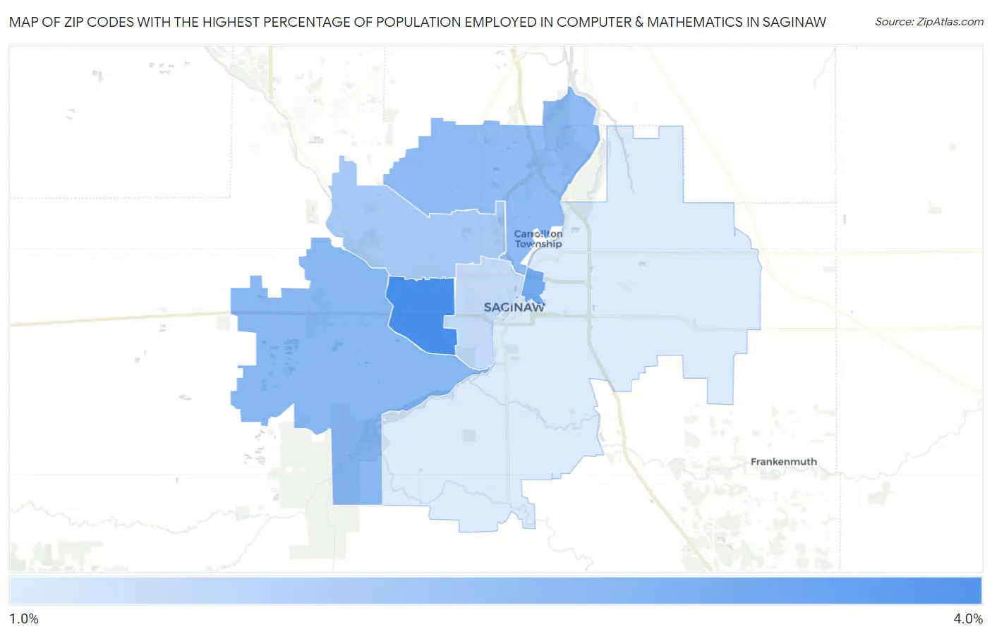 Zip Codes with the Highest Percentage of Population Employed in Computer & Mathematics in Saginaw Map