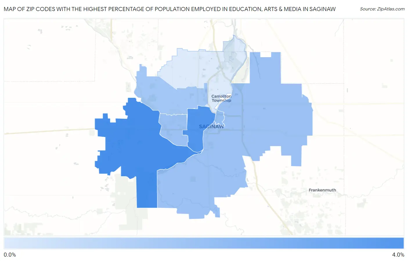 Zip Codes with the Highest Percentage of Population Employed in Education, Arts & Media in Saginaw Map
