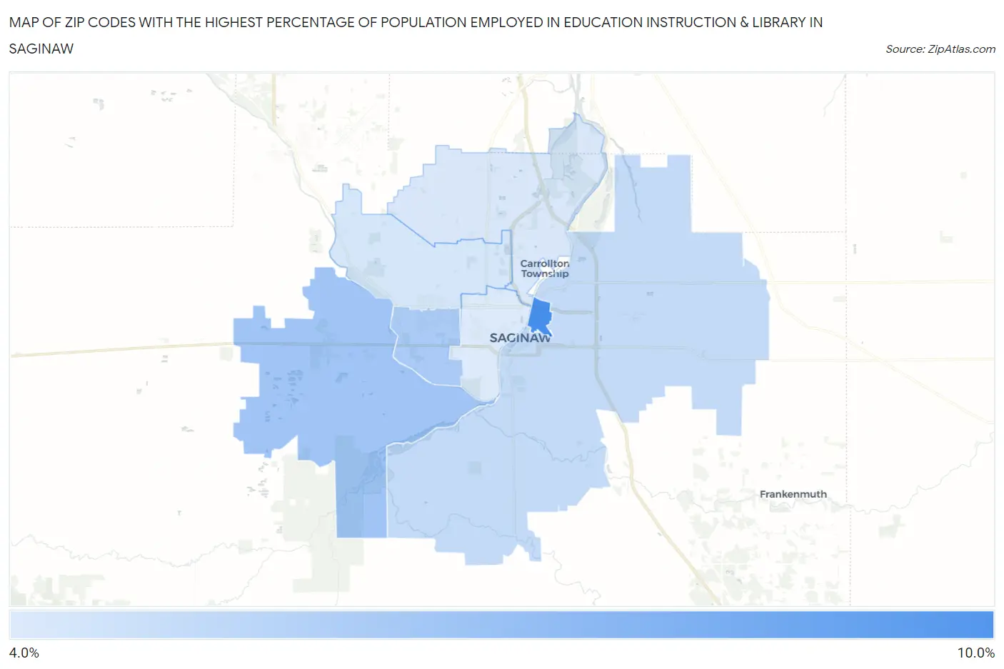 Zip Codes with the Highest Percentage of Population Employed in Education Instruction & Library in Saginaw Map