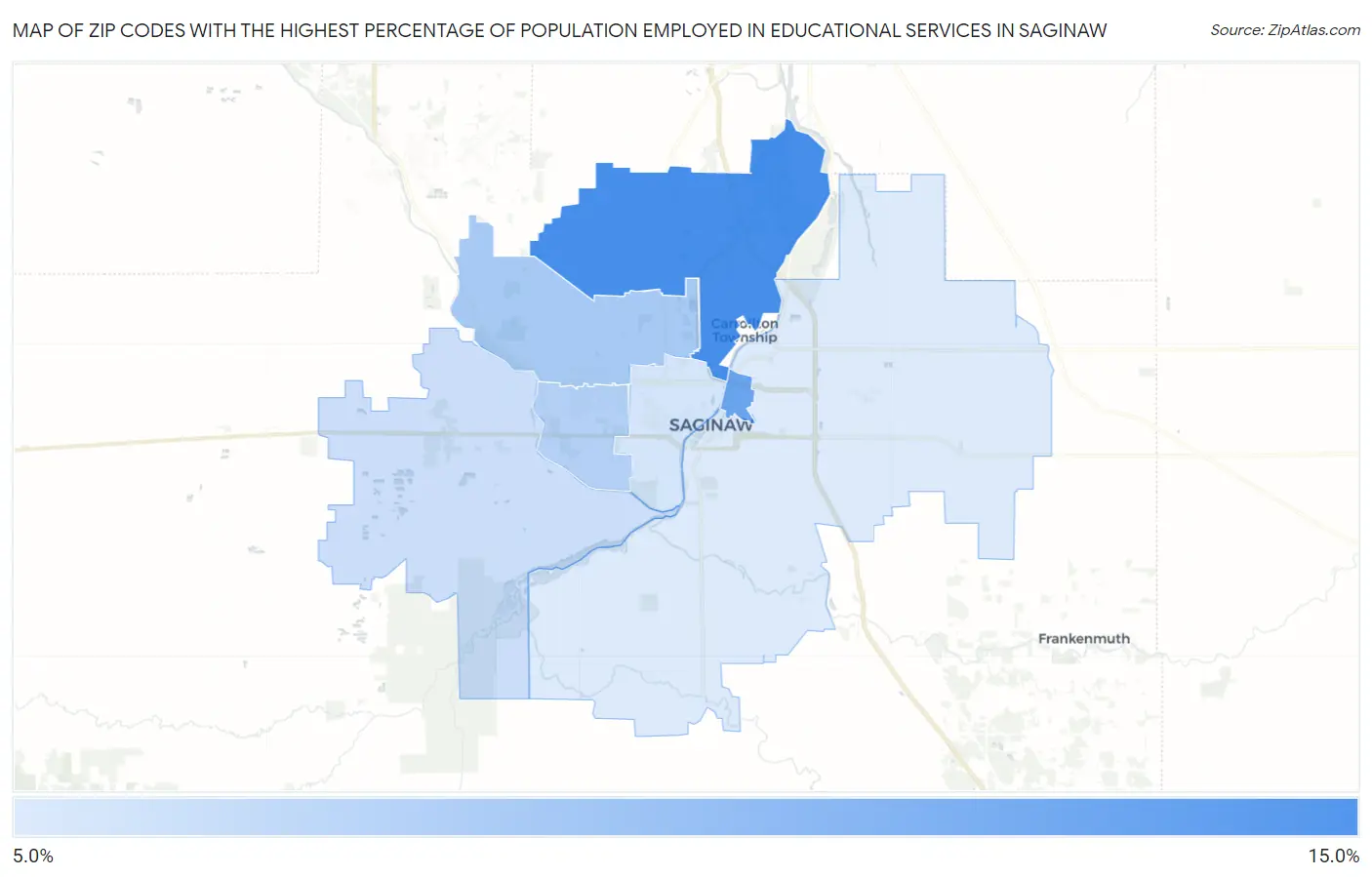 Zip Codes with the Highest Percentage of Population Employed in Educational Services in Saginaw Map