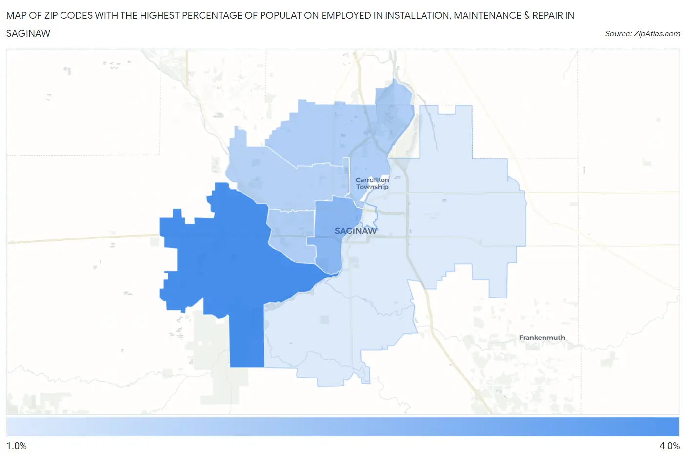 Zip Codes with the Highest Percentage of Population Employed in Installation, Maintenance & Repair in Saginaw Map