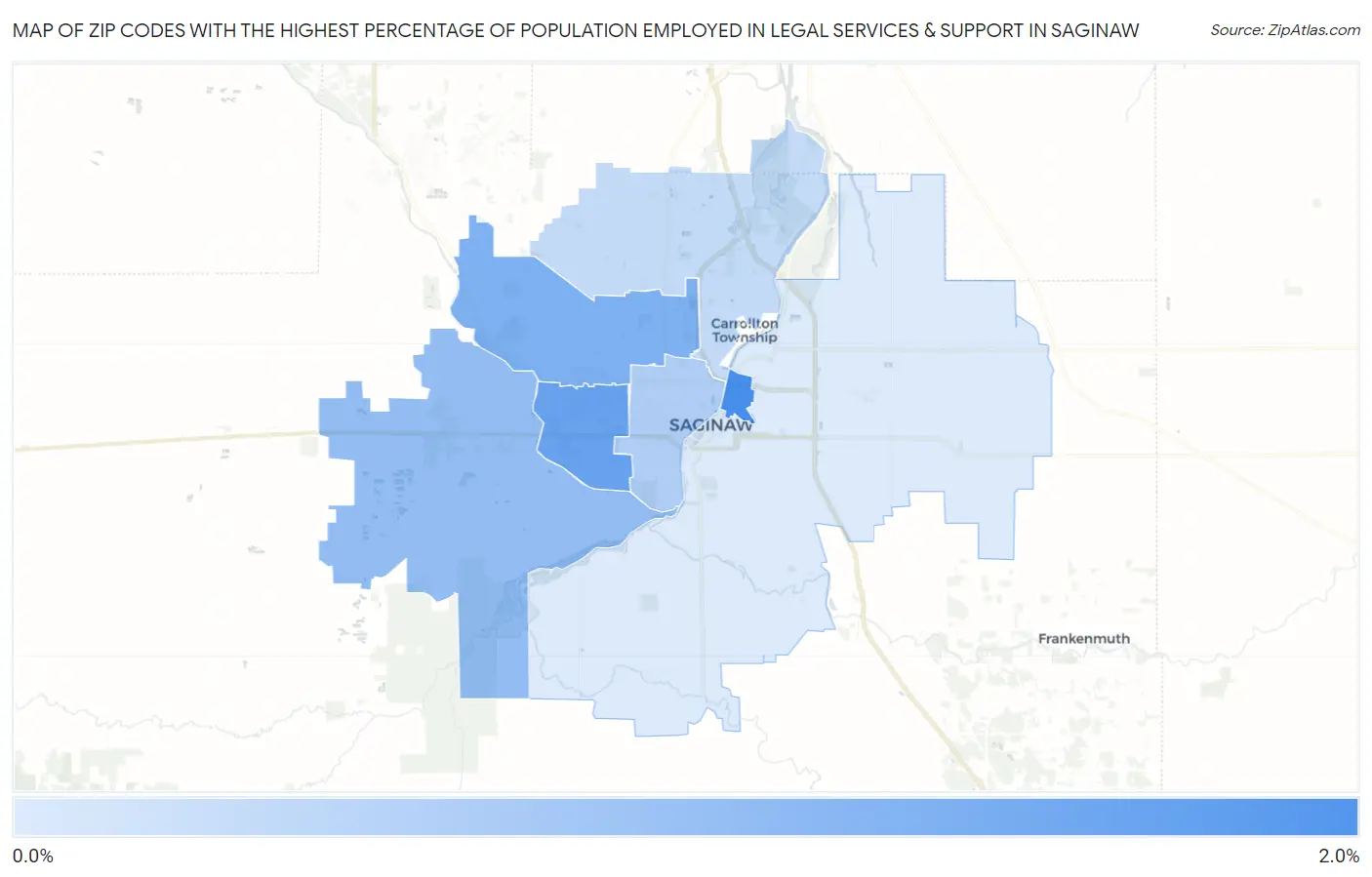 Zip Codes with the Highest Percentage of Population Employed in Legal Services & Support in Saginaw Map