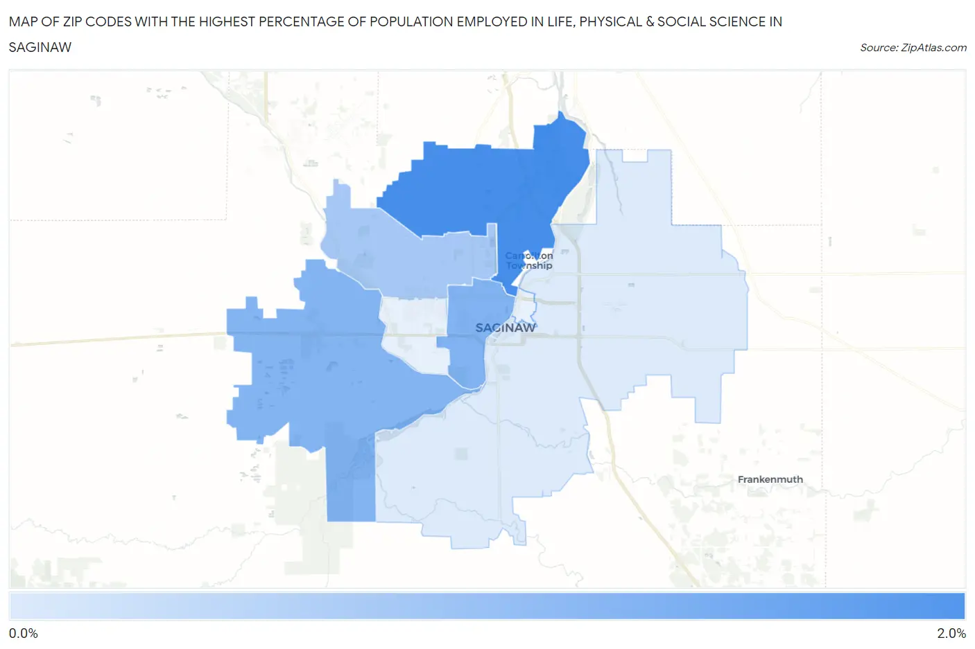 Zip Codes with the Highest Percentage of Population Employed in Life, Physical & Social Science in Saginaw Map