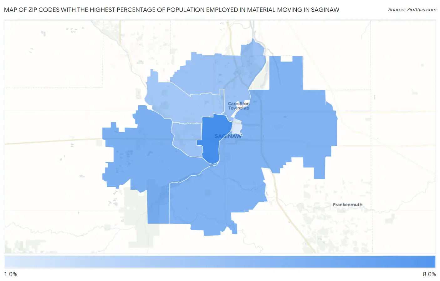 Zip Codes with the Highest Percentage of Population Employed in Material Moving in Saginaw Map