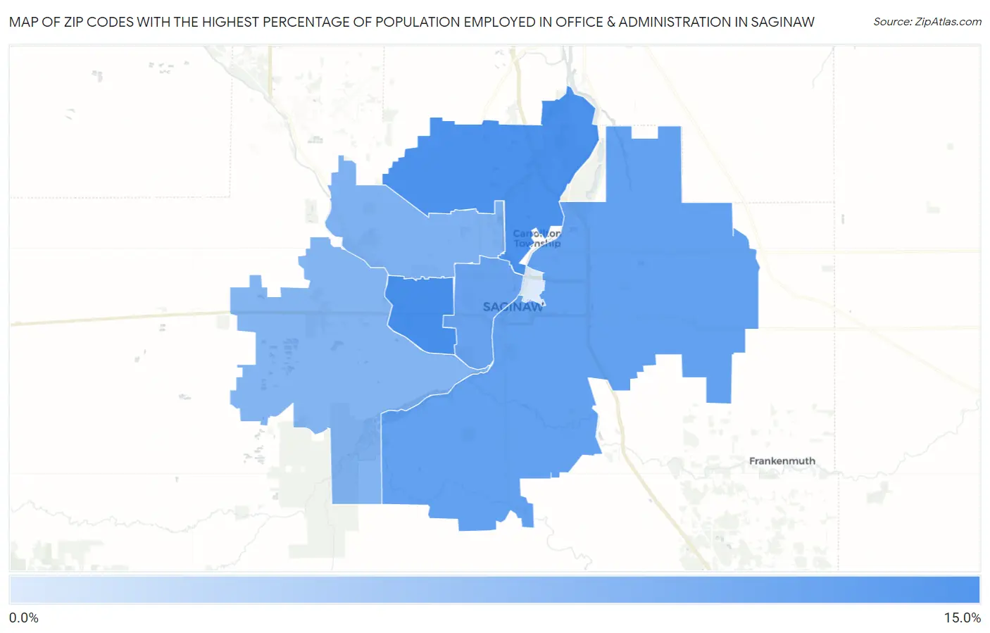 Zip Codes with the Highest Percentage of Population Employed in Office & Administration in Saginaw Map
