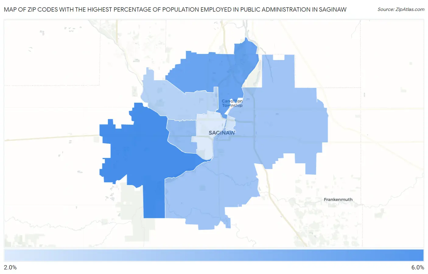 Zip Codes with the Highest Percentage of Population Employed in Public Administration in Saginaw Map