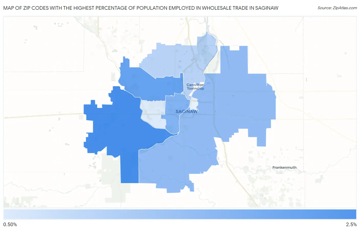 Zip Codes with the Highest Percentage of Population Employed in Wholesale Trade in Saginaw Map