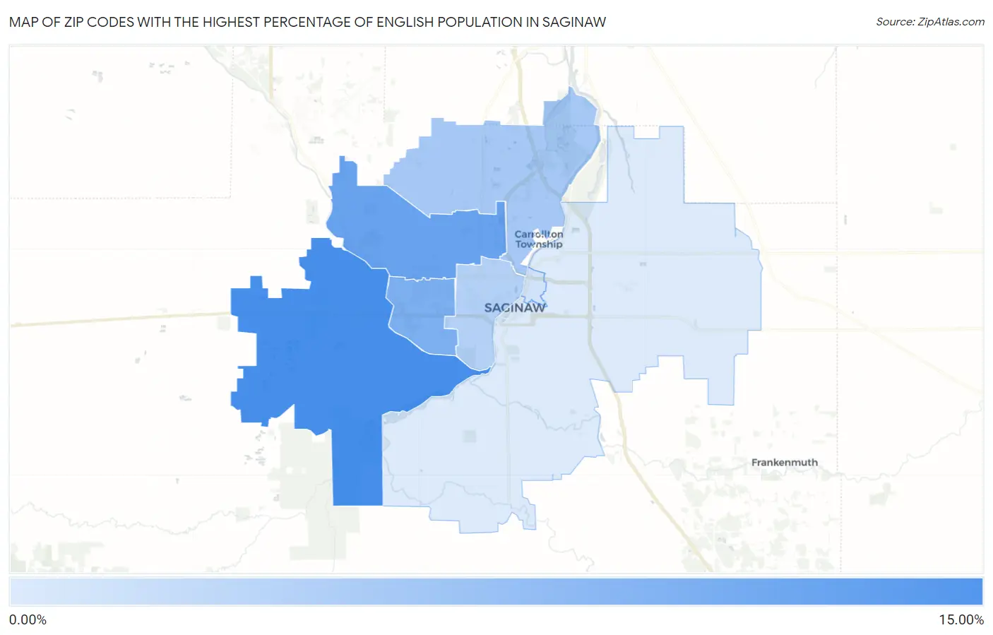 Zip Codes with the Highest Percentage of English Population in Saginaw Map