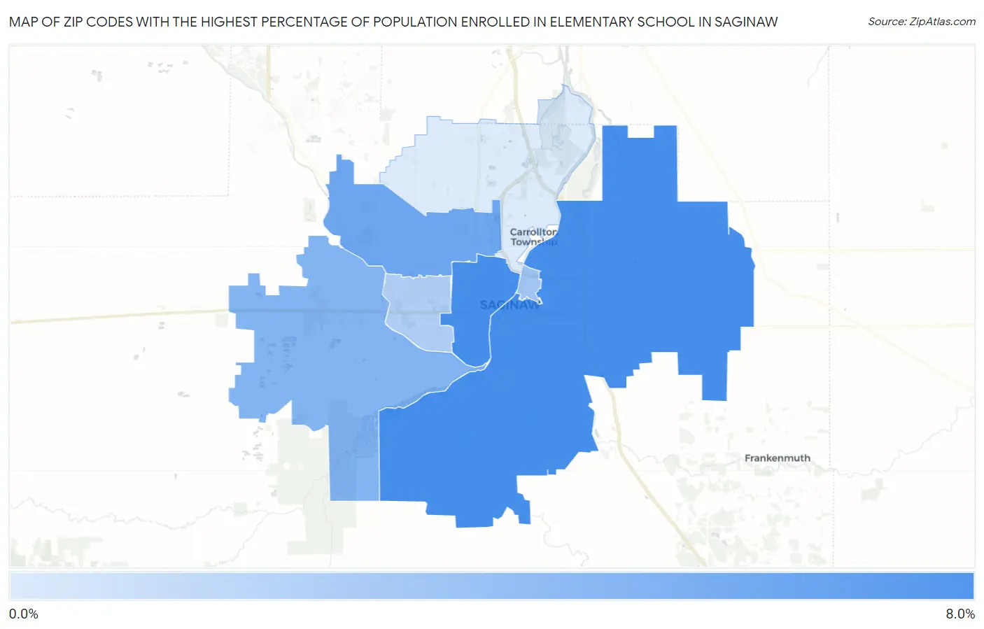 Zip Codes with the Highest Percentage of Population Enrolled in Elementary School in Saginaw Map