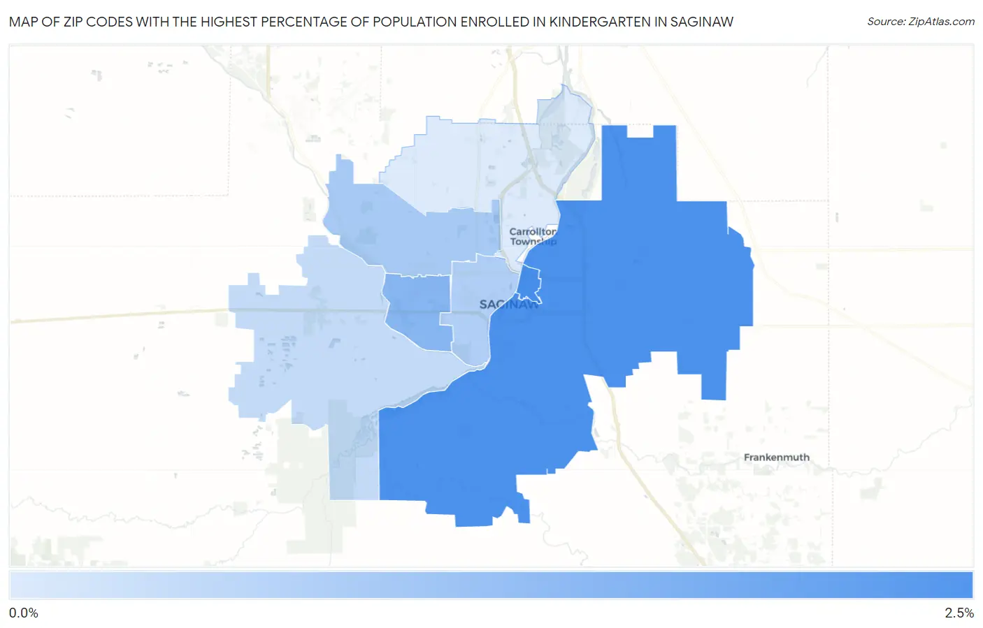 Zip Codes with the Highest Percentage of Population Enrolled in Kindergarten in Saginaw Map