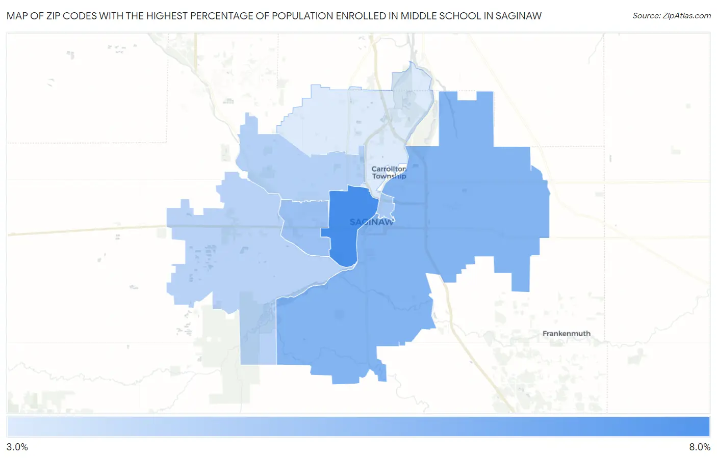 Zip Codes with the Highest Percentage of Population Enrolled in Middle School in Saginaw Map
