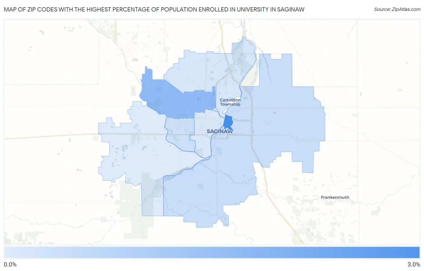 Zip Codes with the Highest Percentage of Population Enrolled in University in Saginaw Map
