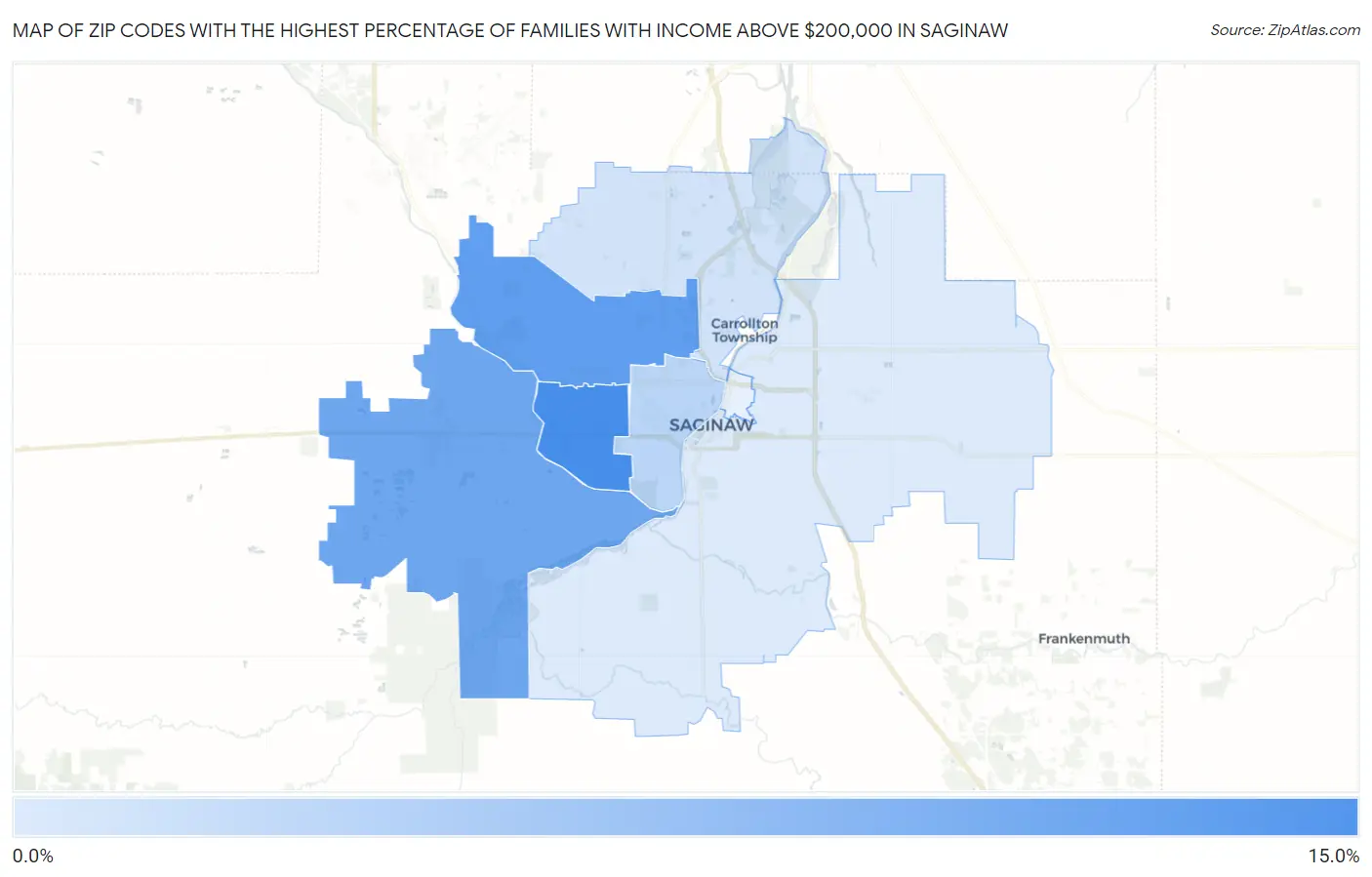 Zip Codes with the Highest Percentage of Families with Income Above $200,000 in Saginaw Map