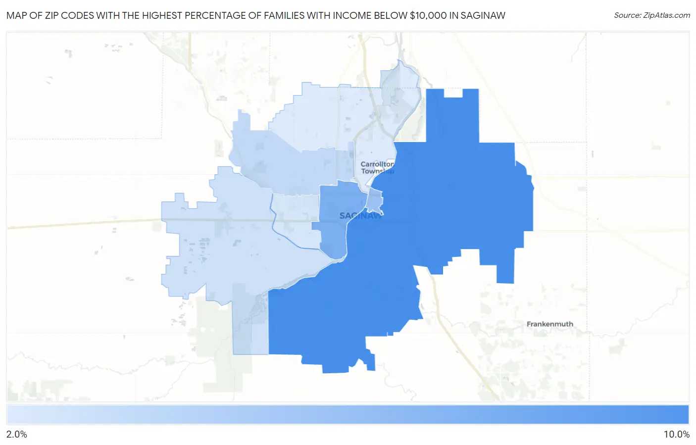 Zip Codes with the Highest Percentage of Families with Income Below $10,000 in Saginaw Map