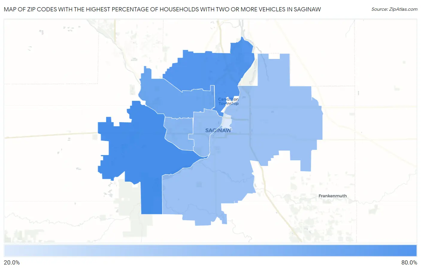 Zip Codes with the Highest Percentage of Households With Two or more Vehicles in Saginaw Map