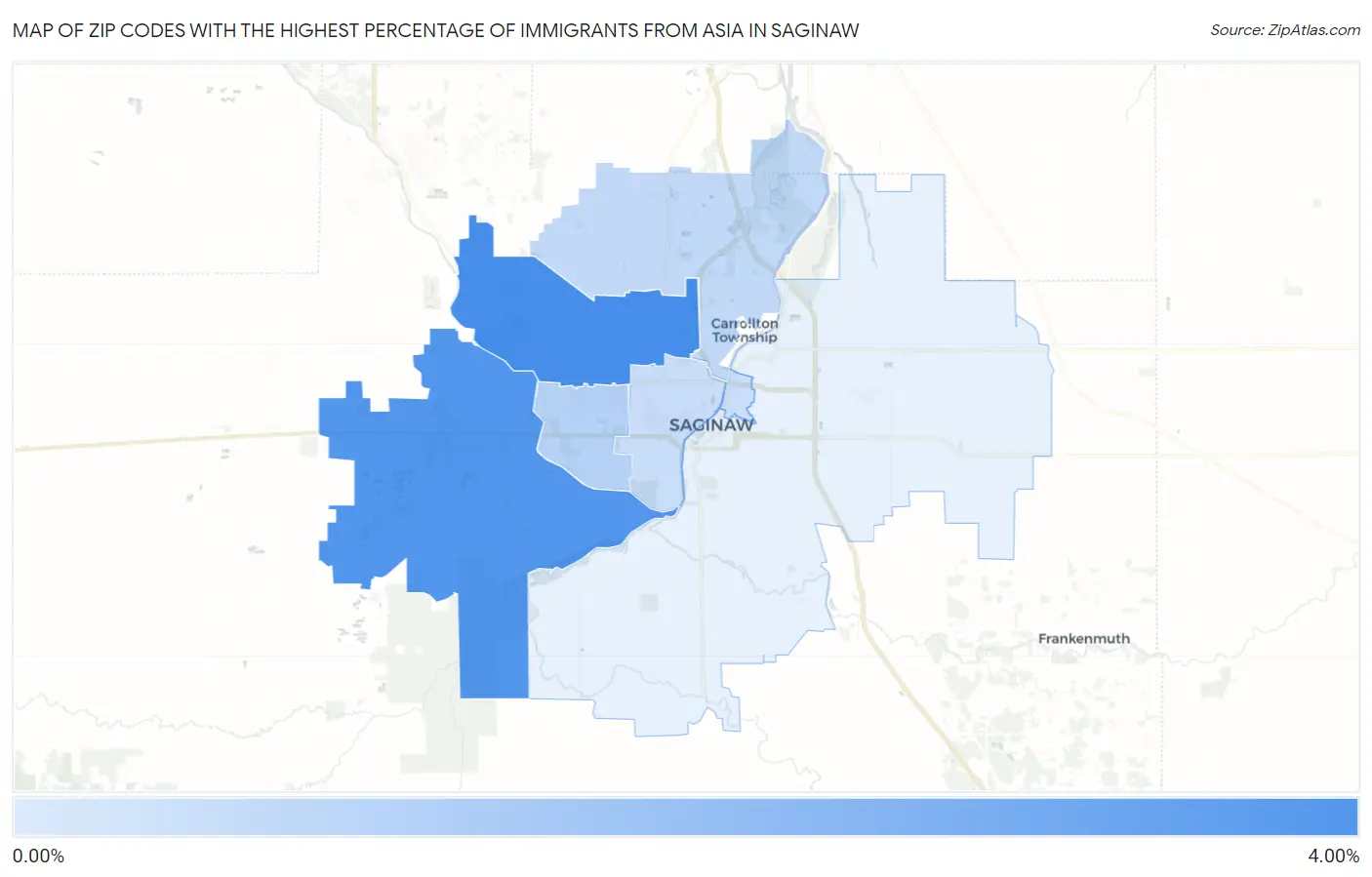 Zip Codes with the Highest Percentage of Immigrants from Asia in Saginaw Map