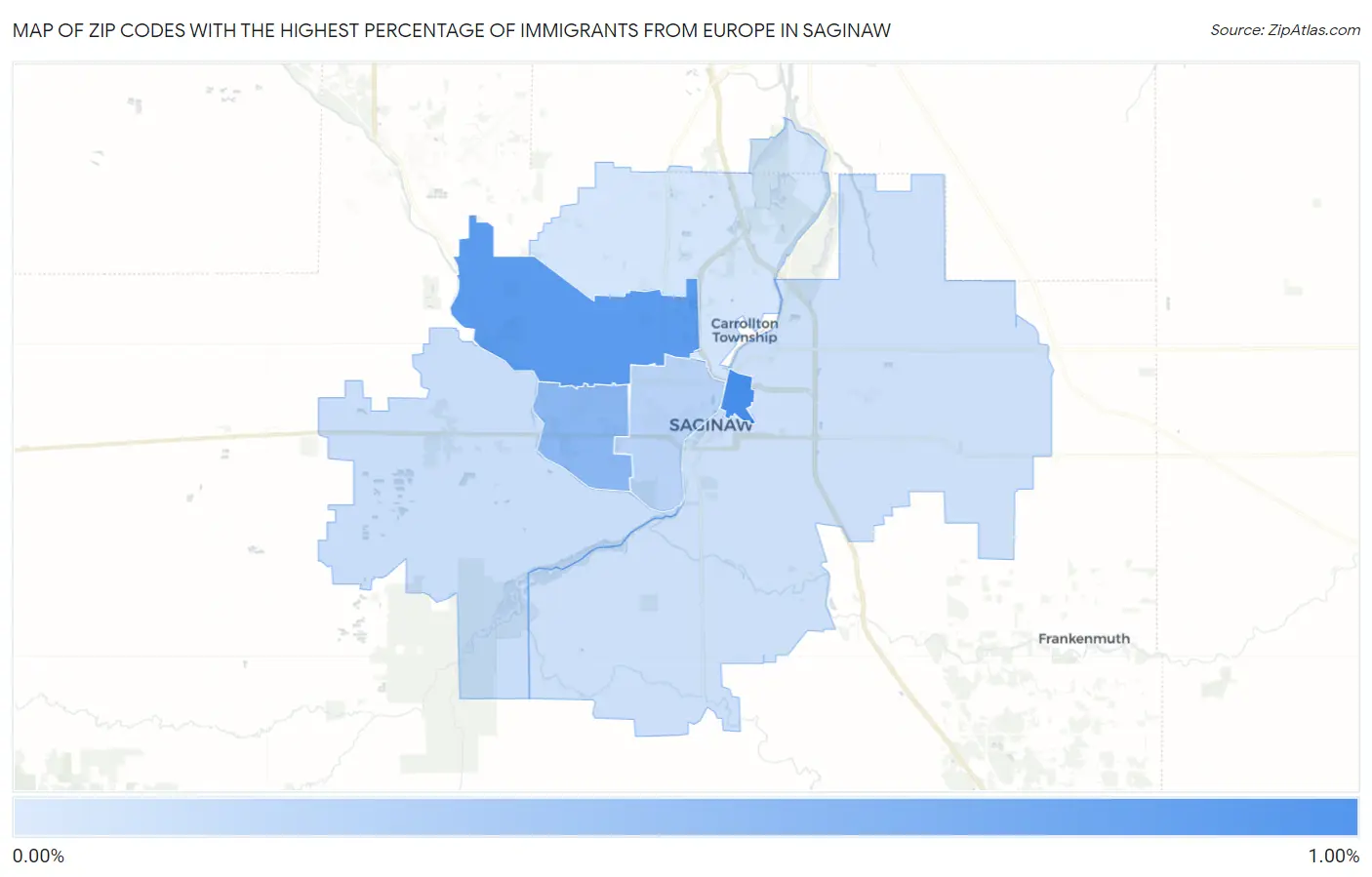 Zip Codes with the Highest Percentage of Immigrants from Europe in Saginaw Map
