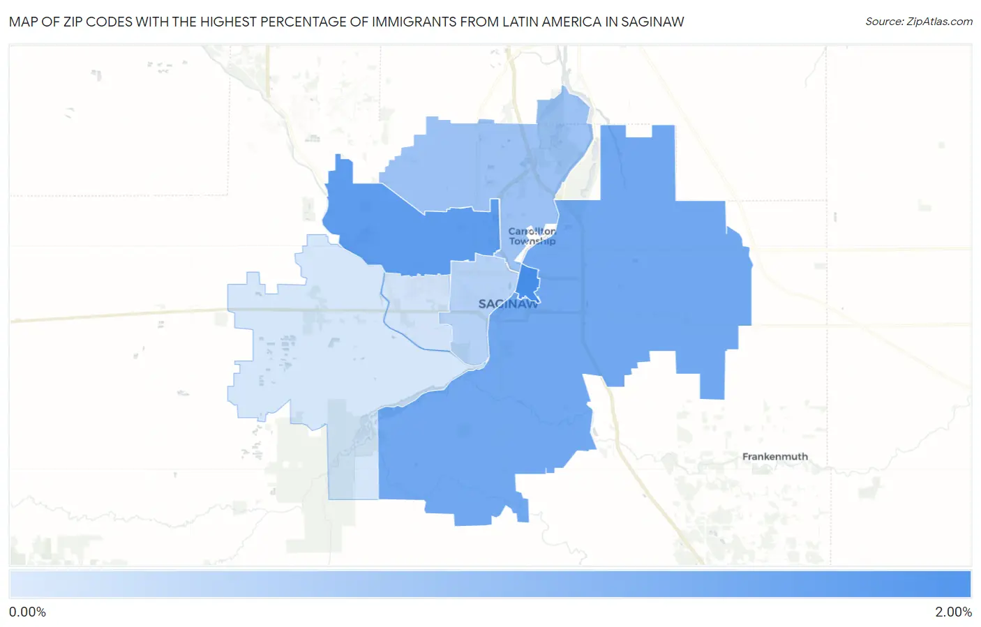 Zip Codes with the Highest Percentage of Immigrants from Latin America in Saginaw Map