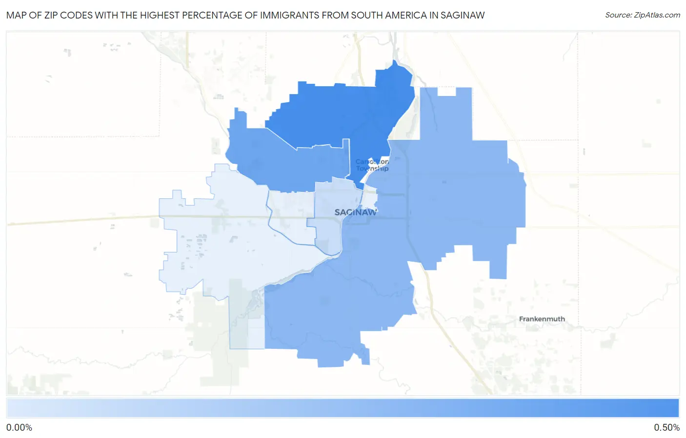 Zip Codes with the Highest Percentage of Immigrants from South America in Saginaw Map
