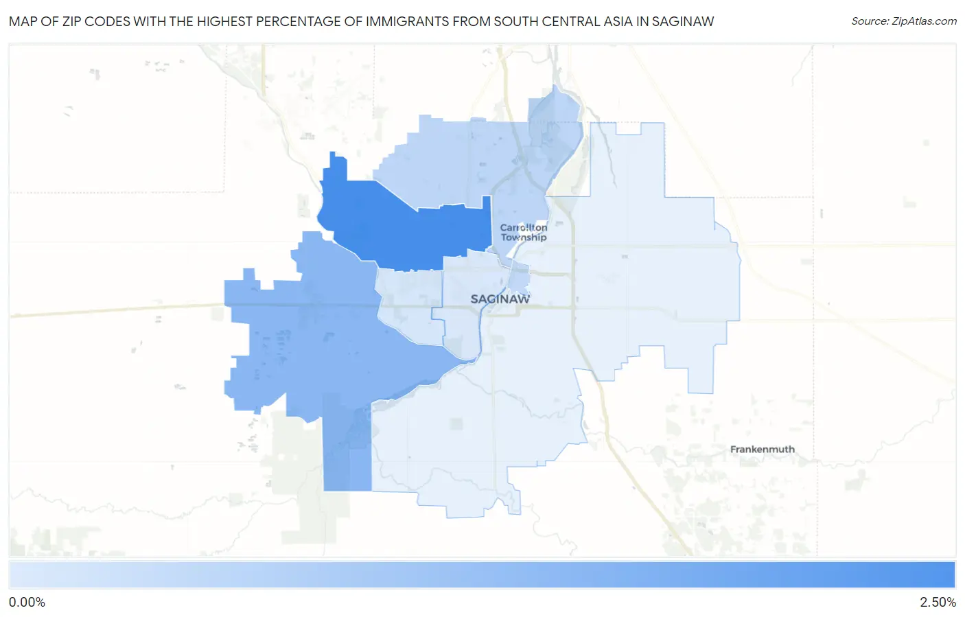 Zip Codes with the Highest Percentage of Immigrants from South Central Asia in Saginaw Map