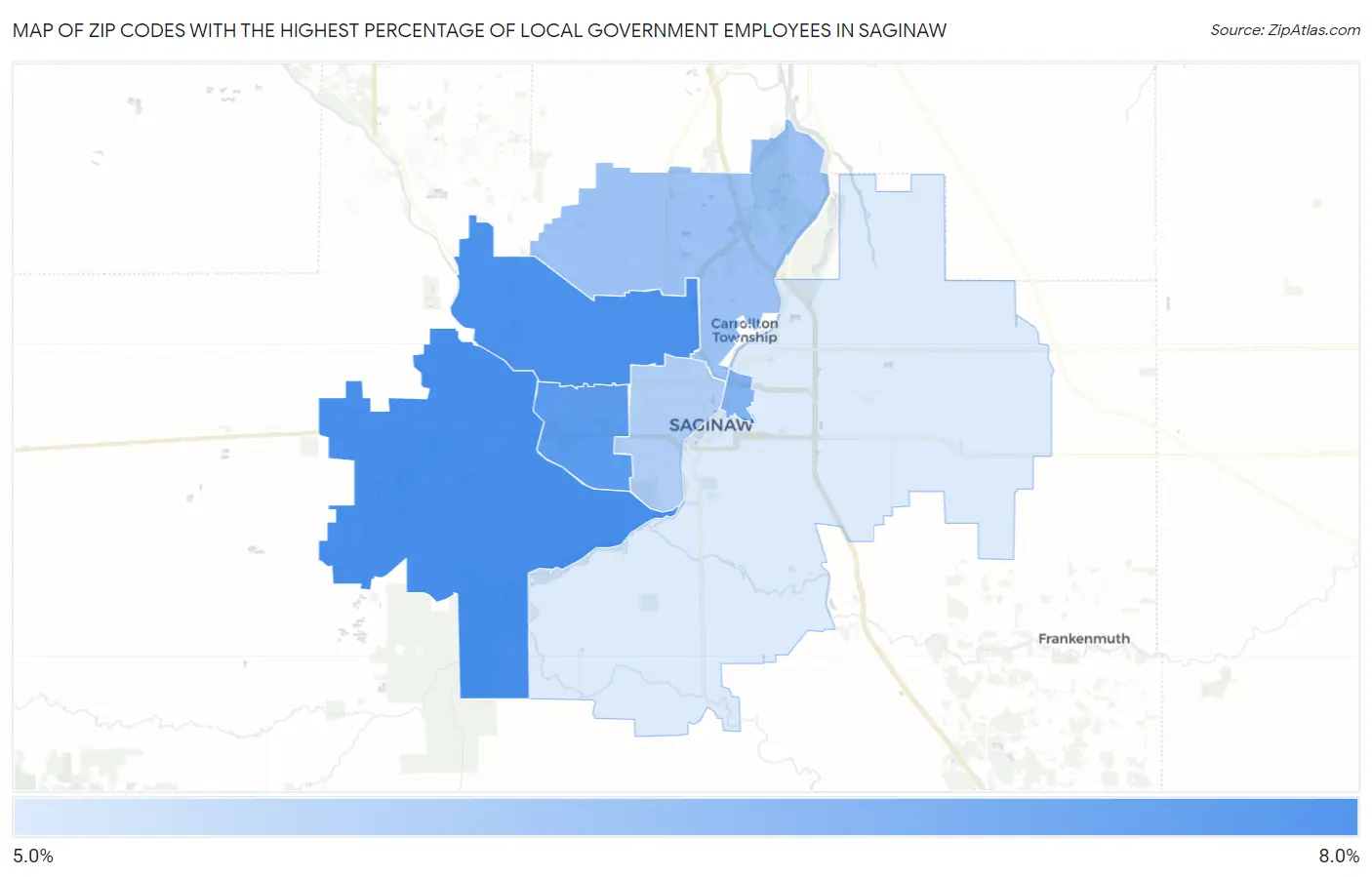 Zip Codes with the Highest Percentage of Local Government Employees in Saginaw Map