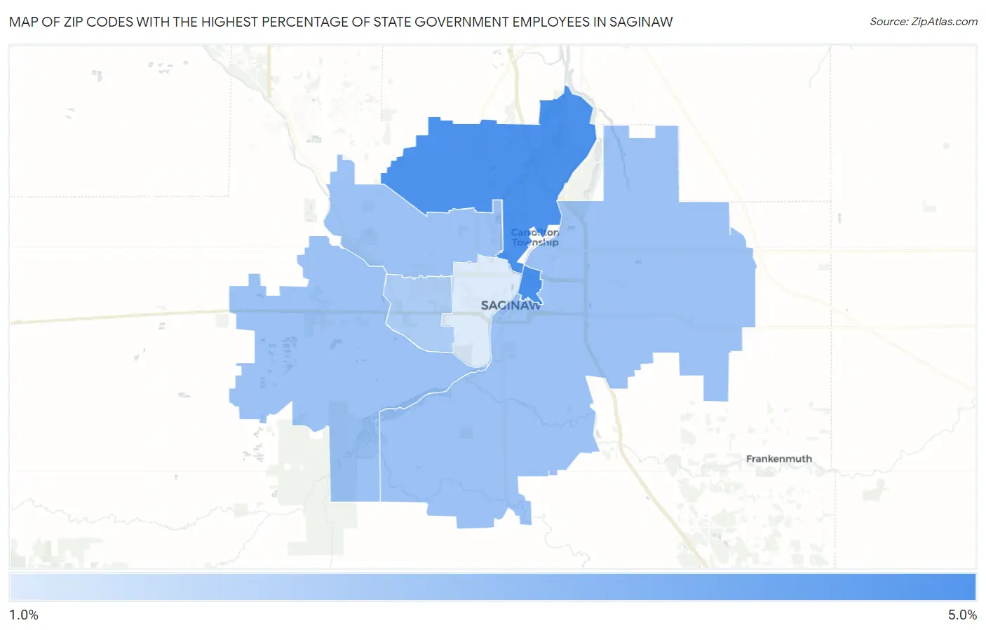 Zip Codes with the Highest Percentage of State Government Employees in Saginaw Map