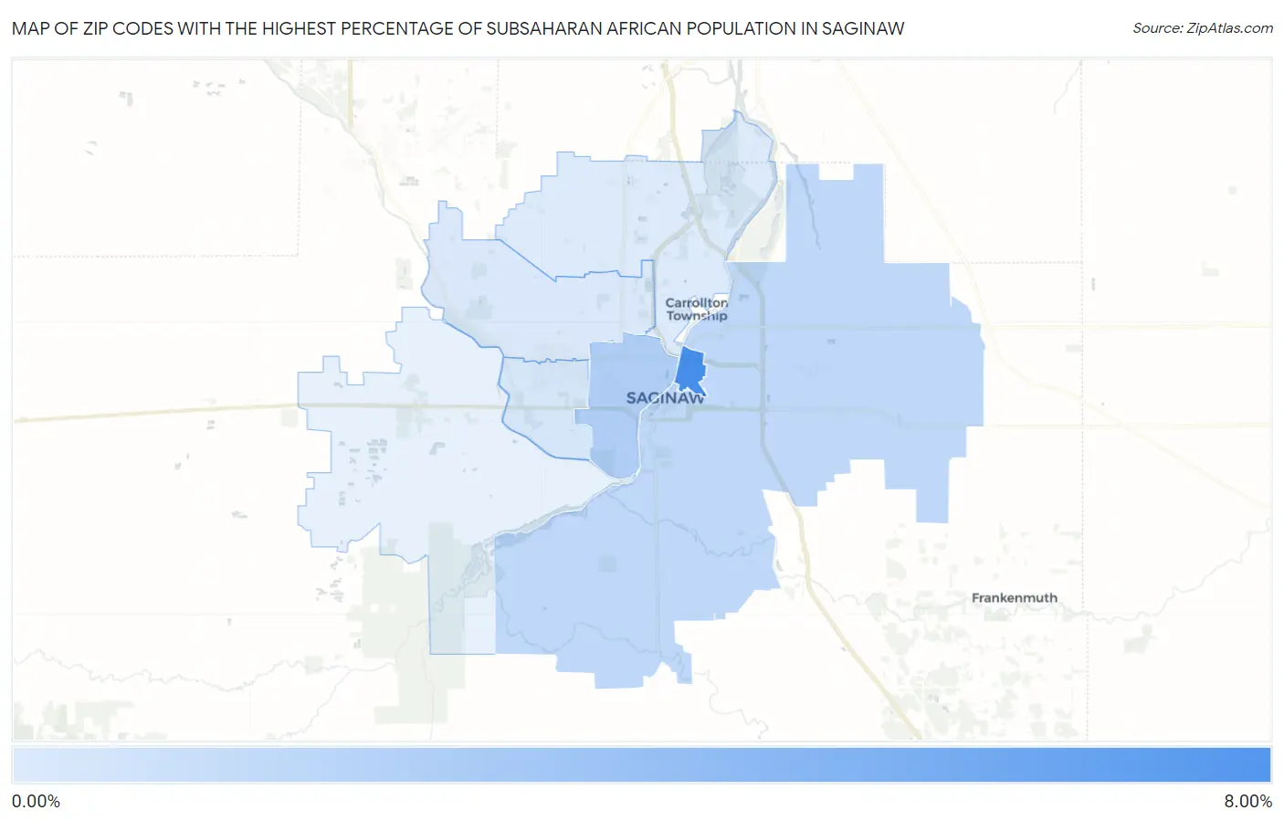 Zip Codes with the Highest Percentage of Subsaharan African Population in Saginaw Map
