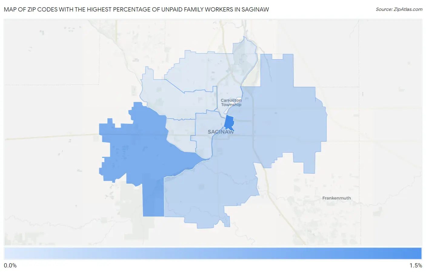 Zip Codes with the Highest Percentage of Unpaid Family Workers in Saginaw Map