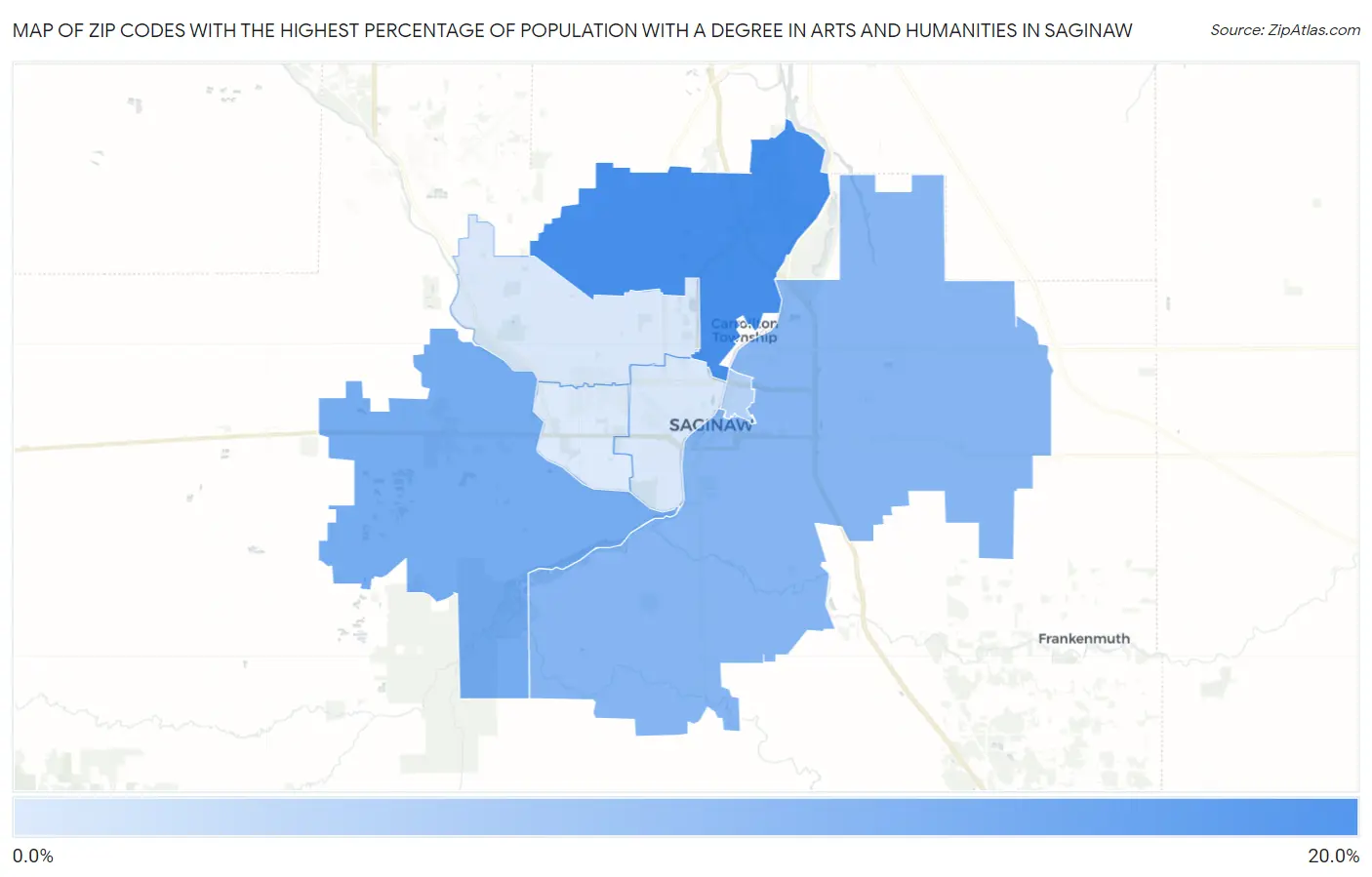 Zip Codes with the Highest Percentage of Population with a Degree in Arts and Humanities in Saginaw Map