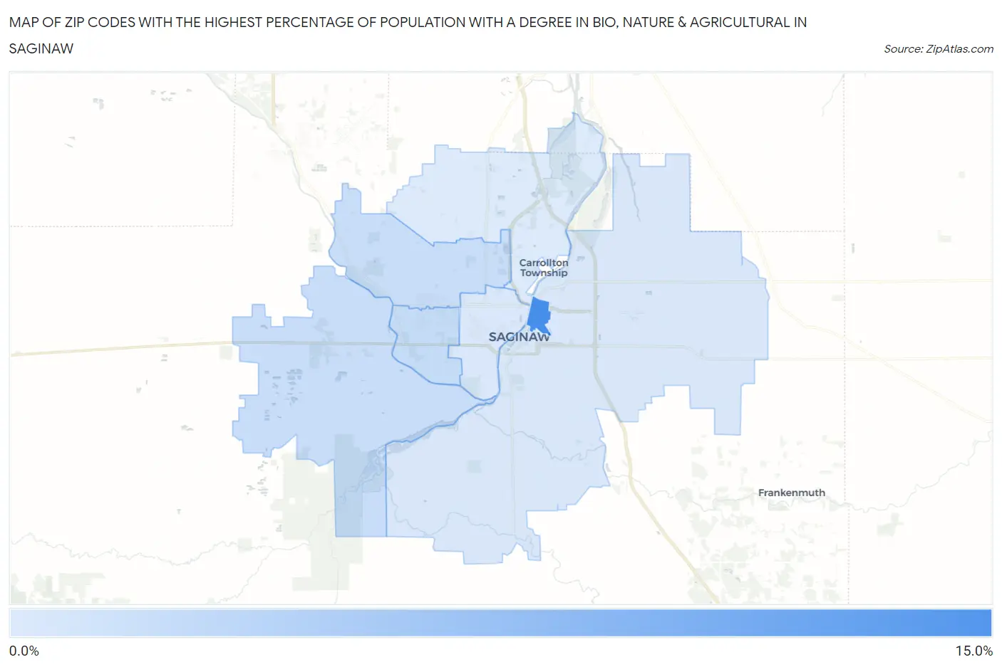 Zip Codes with the Highest Percentage of Population with a Degree in Bio, Nature & Agricultural in Saginaw Map