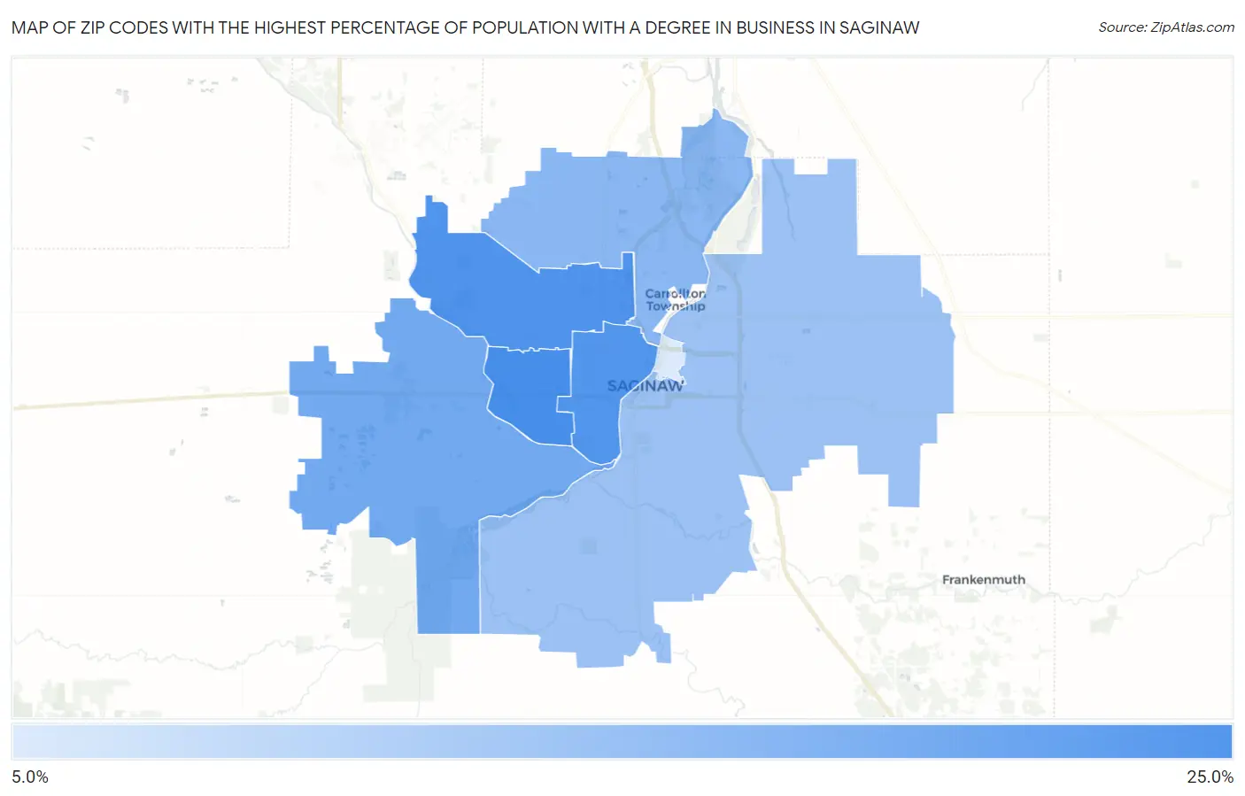 Zip Codes with the Highest Percentage of Population with a Degree in Business in Saginaw Map