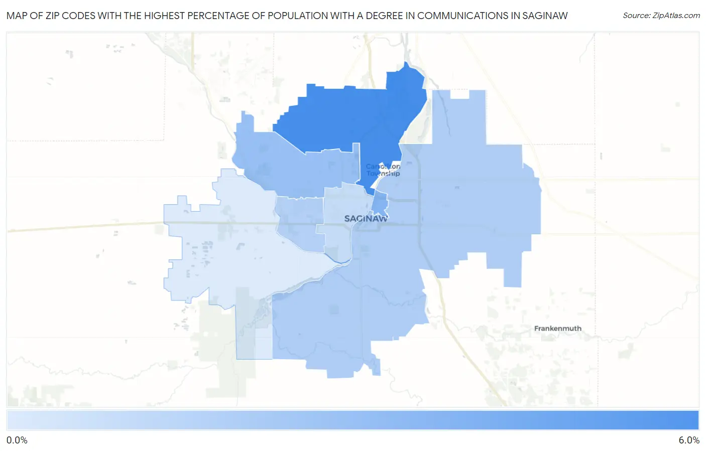 Zip Codes with the Highest Percentage of Population with a Degree in Communications in Saginaw Map