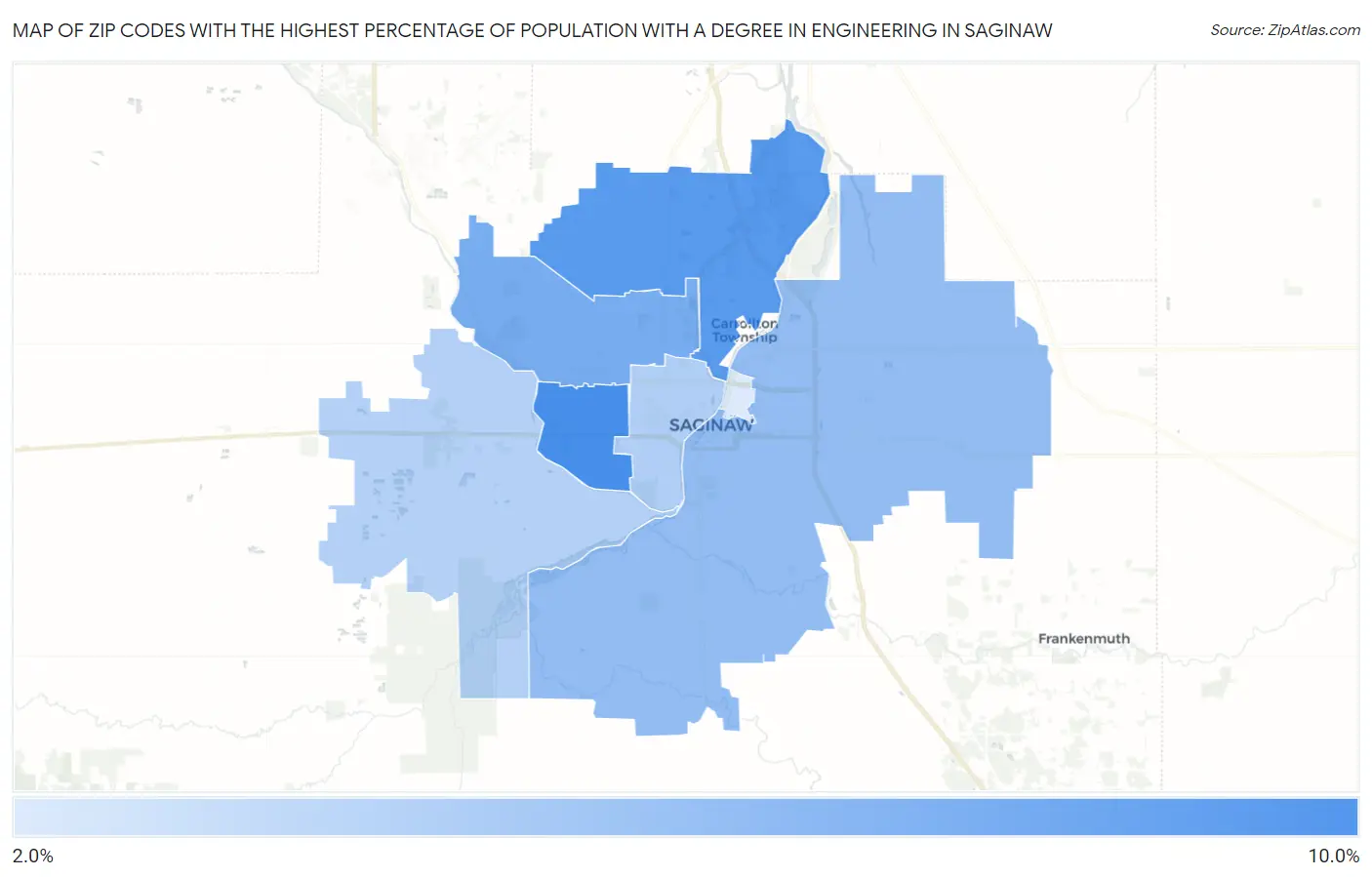 Zip Codes with the Highest Percentage of Population with a Degree in Engineering in Saginaw Map